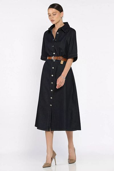 GÜLSELİ Γυναικείο τζιν φόρεμα με ζώνη Navy Blue