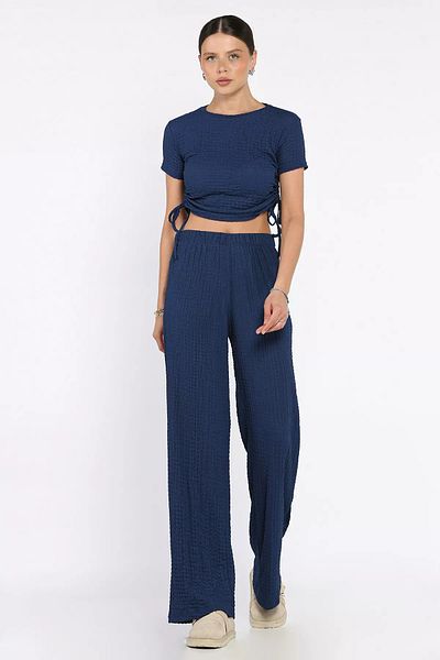 GÜLSELİ Navy Blue Women's Self Patterned Side Gathered Blouse Trousers Double Suit