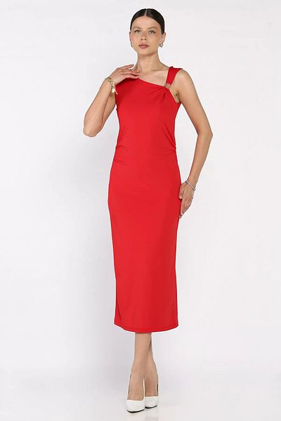 GÜLSELİ Red Women's Waist Gathered Lycra Dress with Shoulder Accessory Detail