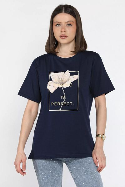 GÜLSELİ Tricou de damă cu imprimeu cu detaliu de piatră, albastru bleumarin