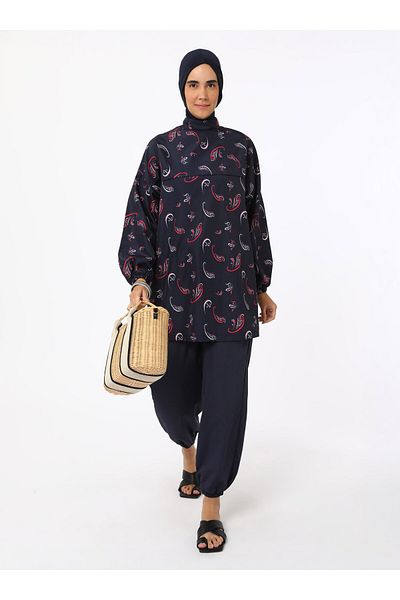 Mayo Bella Shawl Pattern Hijab Swimsuit - Navy Blue -