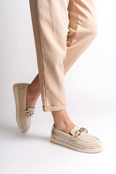 MABELME STORE Layla Laceless Orthopedic Comfortable Sole Heart Patterned Women's Ballerina Shoes Ckt - Cream