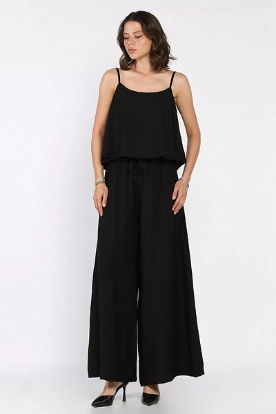 GÜLSELİ Black Rope Strap Blouse Palazzo Trousers Double Set