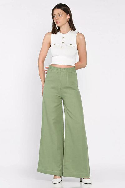 GÜLSELİ Khaki Women's Elastic Waist High Waist Wide Leg Palazzo Trousers