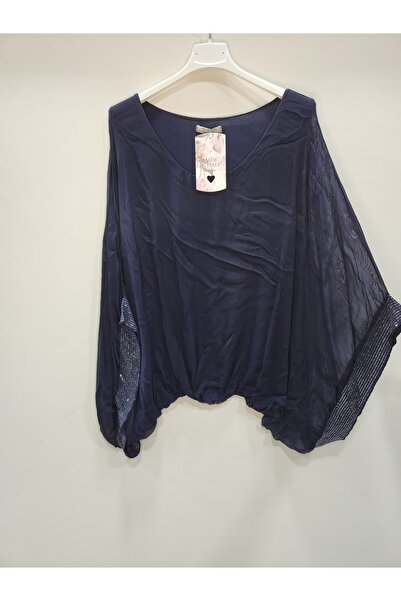 della moor Women's Navy Blue Italian Bat Sleeve Silk Blouse with Sequin Detail