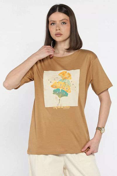 GÜLSELİ Tricou de damă Biscuit Crew Neck Printed Stones