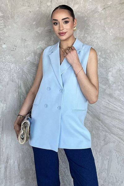 GÜLSELİ Baby Blue Double Breasted Collar Lined Women's Vest