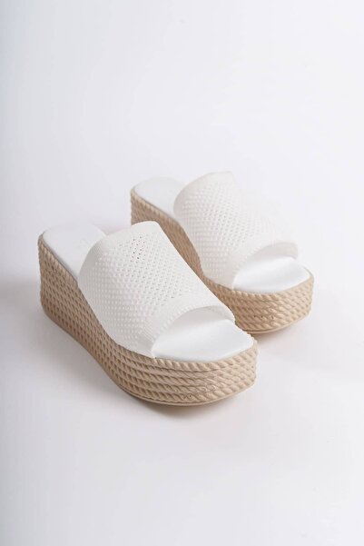 Baybonza Marla orthopedic sole filled heel straw appearance knitted women's slippers tkt - white