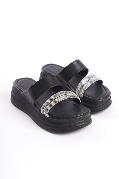 Baybonza Sarah Flat Heeled Stone Striped Thick and Orthopedic Sole Women's Slippers Cst - Black