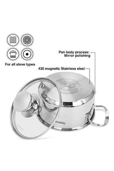 Fissman Cooking Pot 0.9L with Glass Lid, Stainless Steel Stockpot 14x6.0cm Dishwasher Safe