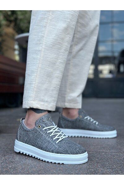 EBRUS TREND Et0152 Lace-Up High Sole Gray Melted Linen Men's Shoes