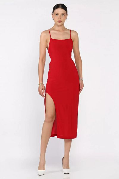 GÜLSELİ Red Backless Slit Dress