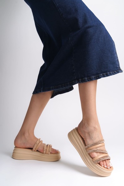 Baybonza Elise Flat Heeled Striped Stone Thick and Orthopedic Sole Women's Slippers Ctt - Ten