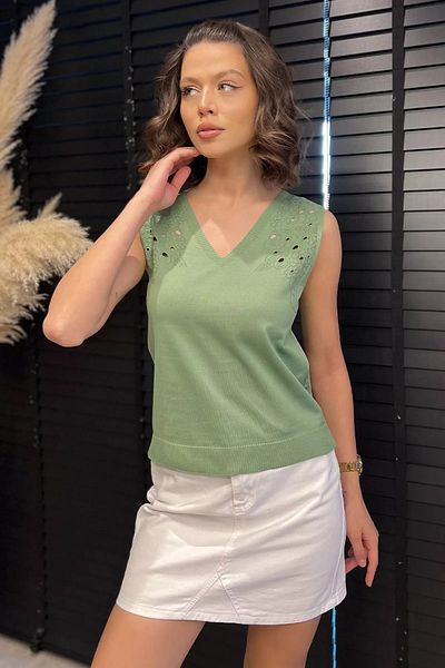 GÜLSELİ Khaki Women's V-Neck Zero Sleeve Knitwear Blouse