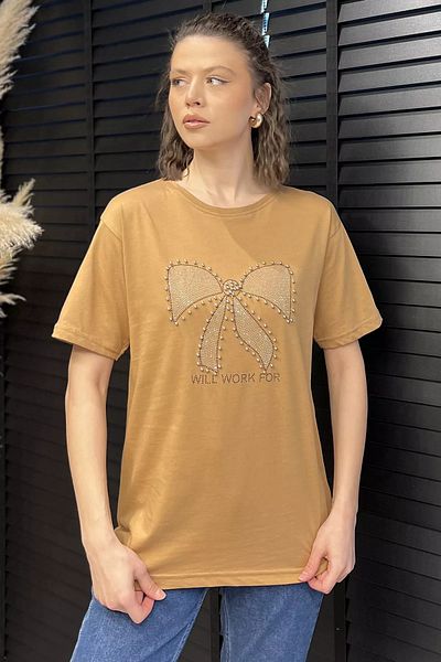 GÜLSELİ Tricou pentru damă Biscuit Ribbon Stone Crew Neck