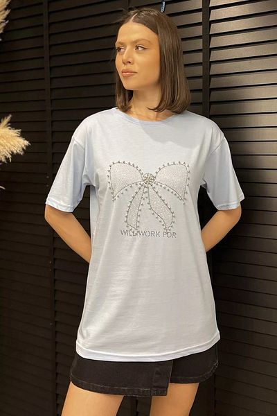 GÜLSELİ Tricou de damă cu decolteu cu panglică albastru deschis