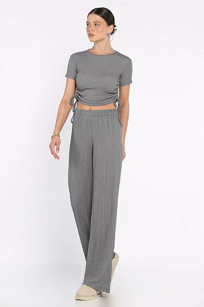 GÜLSELİ Smoked Women's Self Patterned Side Gathered Blouse Trousers Double Suit