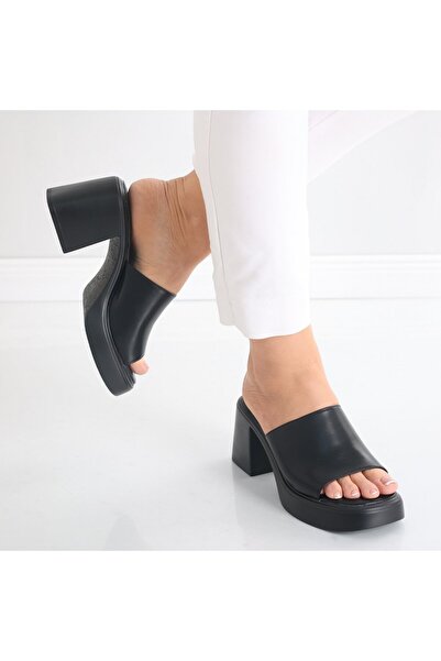 Botinelli Women's Black Heeled Slippers Made of Minyl -Leather, 40