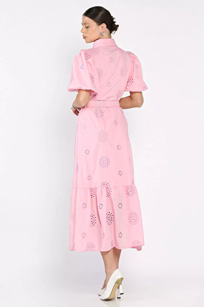 GÜLSELİ Pink Women's Belt Detailed Balloon Sleeve Brode Dress