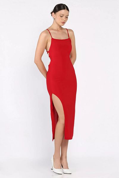 GÜLSELİ Red Backless Slit Dress