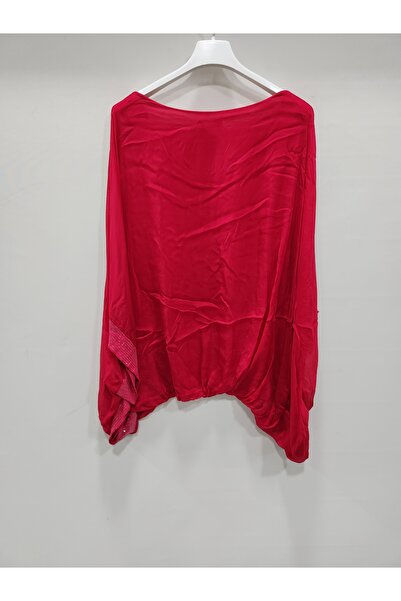 Luisido Kadın Kırmızı İtalyan Yarasa Kol Pul Detaylı İpek Bluz