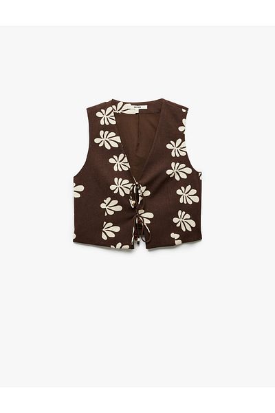 Koton Lined Linen Blend Bow Detail V-Neck Floral Crop Vest