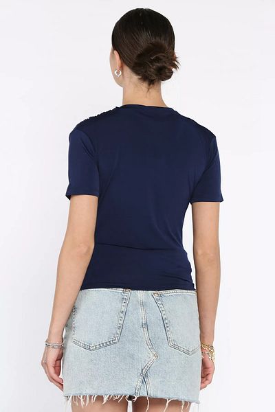 GÜLSELİ Navy Blue Women's Shoulder and Waist Draped Short Sleeve Blouse