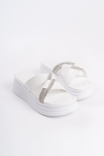 Baybonza Ruby Flat Heeled Stone Cross Striped Thick and Orthopedic Sole Women's Slippers Cbt - White