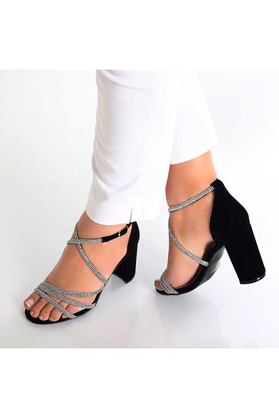 MODA STİL Sandale Dama Cu Toc Negre Din Imitatie Catifea Nirela, 36
