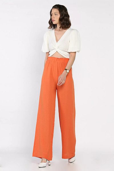 GÜLSELİ Orange Women's Elastic Waist High Waist Wide Leg Palazzo Pants