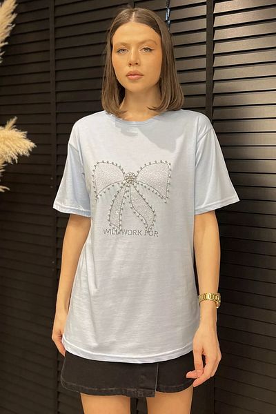 GÜLSELİ Tricou de damă cu decolteu cu panglică albastru deschis