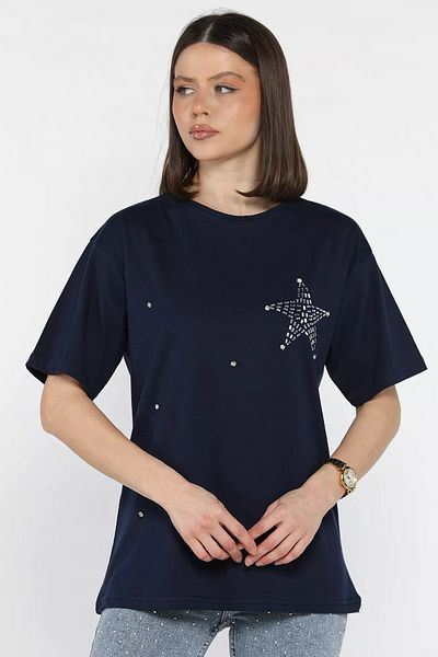 GÜLSELİ Tricou de damă cu decolteu cu stea bleumarin Stone