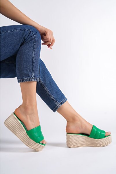 Baybonza Reina Wedge Heeled Orthopedic Sole Straw Look Women's Slippers Ckt - Green