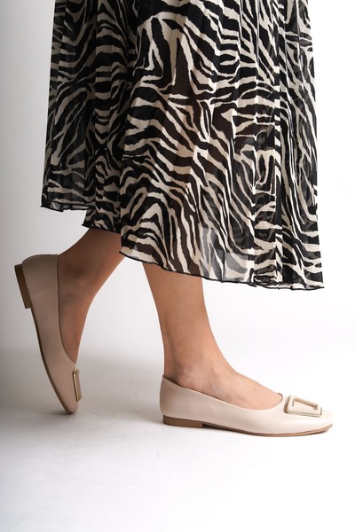 MABELME STORE Kaylee Laceless Orthopedic Comfortable Sole Buckle Detailed Women's Ballerina Shoes Ckt - Cream