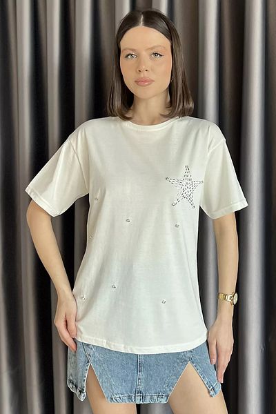 GÜLSELİ Tricou de damă Cream Star Stone Crew Neck