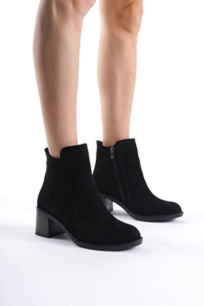 BİLGİMOLA Larissa zippered orthopedic sole heeled suede women's boot sst - black