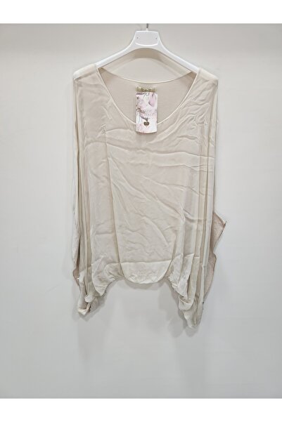 della moor Women's Beige Italian Bat Sleeve Silk Blouse with Sequin Detail