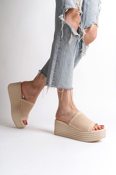 Joy Ayakkabı Marla Wedge Heeled Orthopedic Sole Straw Look Knitwear Women's Slippers Tkt - Skin
