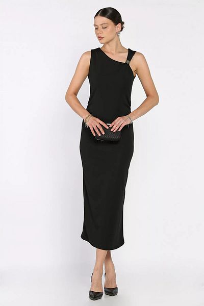 GÜLSELİ Black Women's Waist Gathered Lycra Dress with Shoulder Accessory Detail