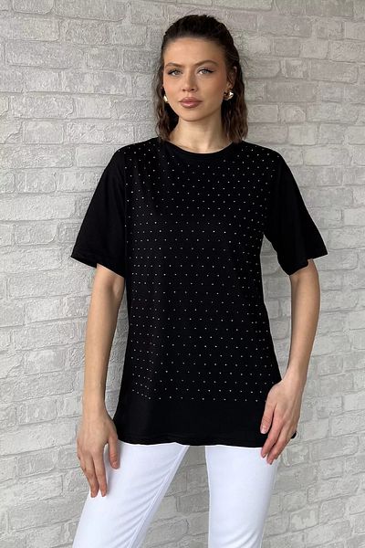 GÜLSELİ Tricou negru pentru femei cu decolteu rotund Stone Front