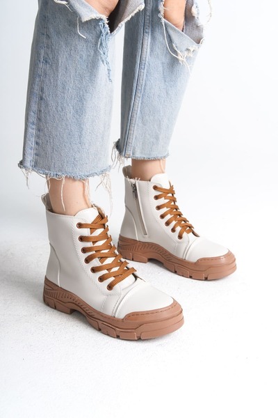 Joy Ayakkabı Bloom Lace-Up Zippered Orthopedic Sole Women's Boots Ctt - Cream