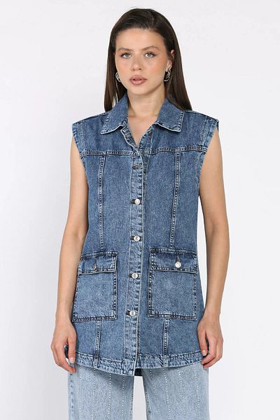 GÜLSELİ Vestă de blugi pentru femei, albastru bleumarin, cu buzunare duble