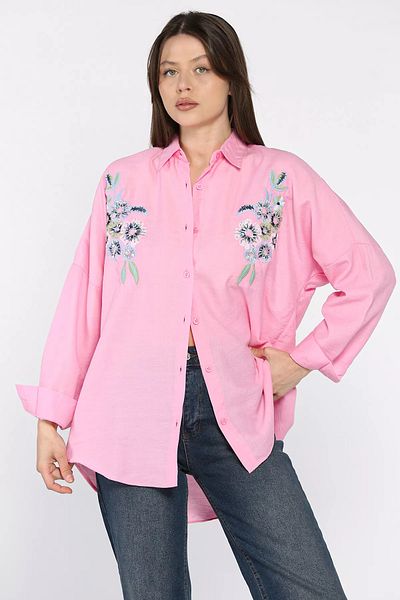 GÜLSELİ Cămașă casual brodata cu paiete brodate cu flori pentru femei roz