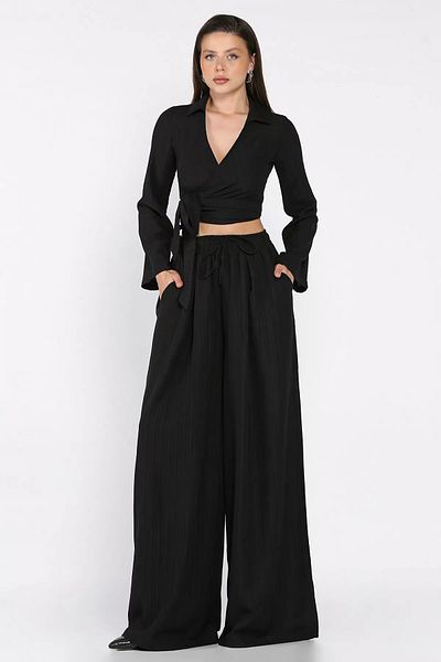 GÜLSELİ Black Double Breasted Collar Waist Lace up Blouse Pants Double Suit