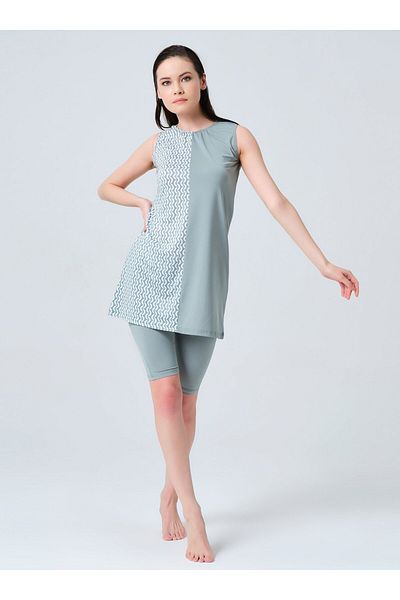 ALFASA One Side Patterned Zero Sleeve Semi Closed Swimsuit - Mildew Green - Alfasa