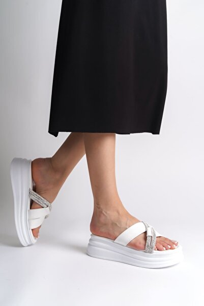 Baybonza Ruby Flat Heeled Stone Cross Striped Thick and Orthopedic Sole Women's Slippers Cbt - White