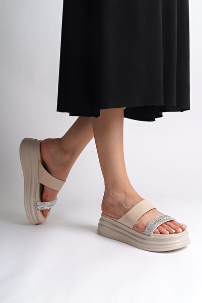 kemalacar Sarah Flat Heeled Stone Striped Thick and Orthopedic Sole Women's Slippers Ckt - Cream