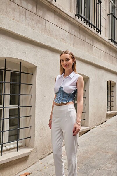 Eloe Corset Denim Blanc Kot Korse Detaylı Rahat Gömlek Crop