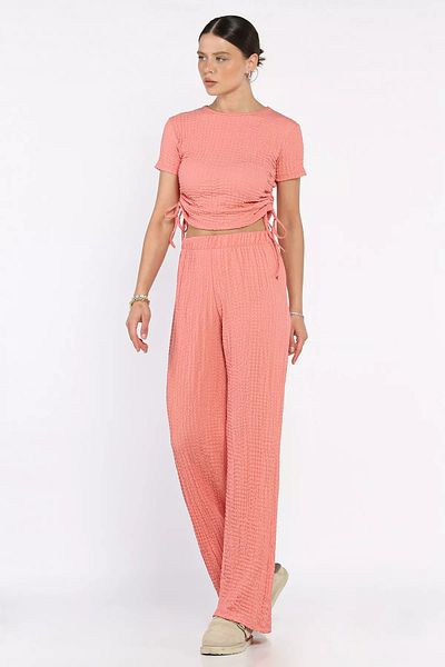 GÜLSELİ Powder Women's Self Patterned Side Gathered Blouse Trousers Double Suit