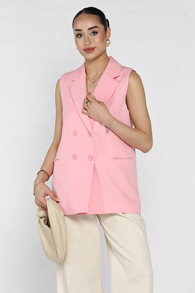 GÜLSELİ Pink Double Breasted Collar Lined Women's Vest